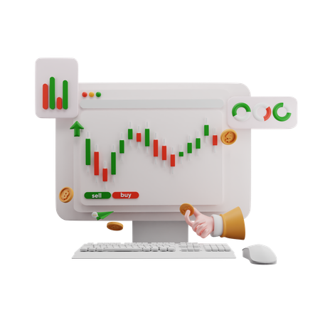 상향 이동 성장 카트를 사용한 모니터에 대한 거래 시장 분석  3D Icon