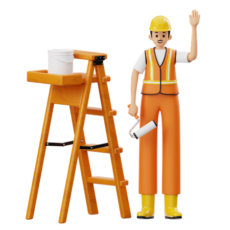 階段の近くにペイントローラーが立っている建設現場  3D Icon