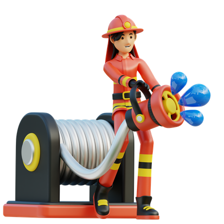 女性消防士がノズルホースを持ってくる  3D Icon