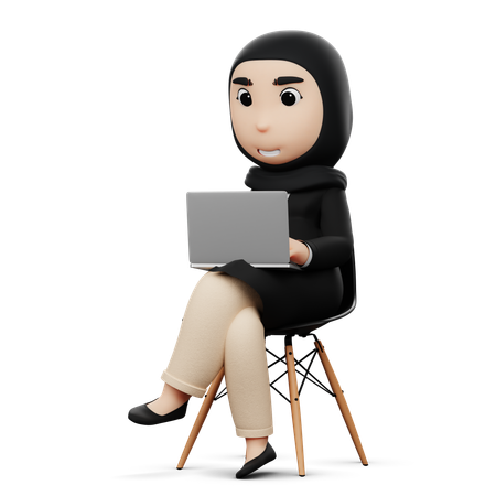 ノートパソコンで作業するヒジャブの女性  3D Icon