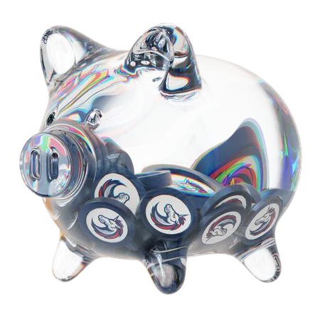 1 Inch Clear Glass Piggy Bank With Decreasing Piles Of Crypto Coins  3D Icon