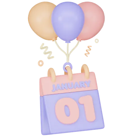 Calendar 1 January Decoration With Balloons 3 D Icon Render 3D Icon
