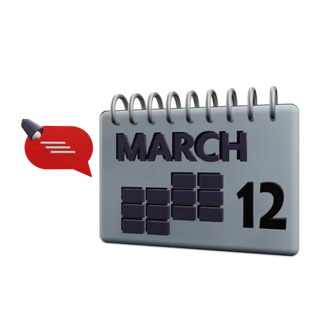 Calendário 12 de março  3D Icon