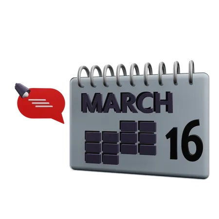 Calendario del 16 de marzo  3D Icon