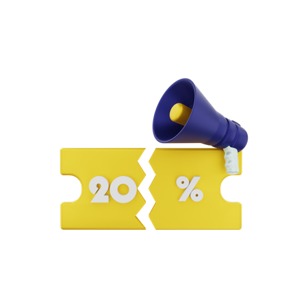 20 Percent discount voucher with megaphone  3D Illustration