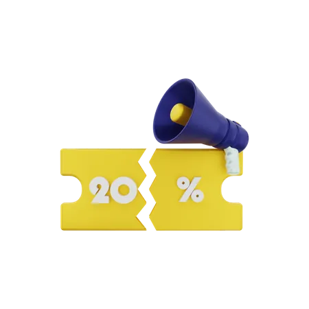 20 Percent discount voucher with megaphone  3D Illustration