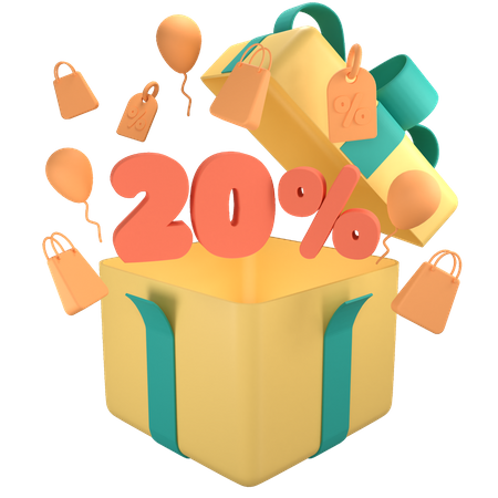 20 Prozent Rabatt auf Geschenkbox  3D Icon