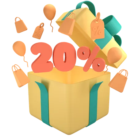 20 Prozent Rabatt auf Geschenkbox  3D Icon