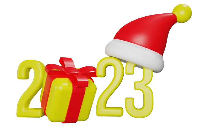 2023 com caixa de presente e chapéu de Papai Noel  3D Icon