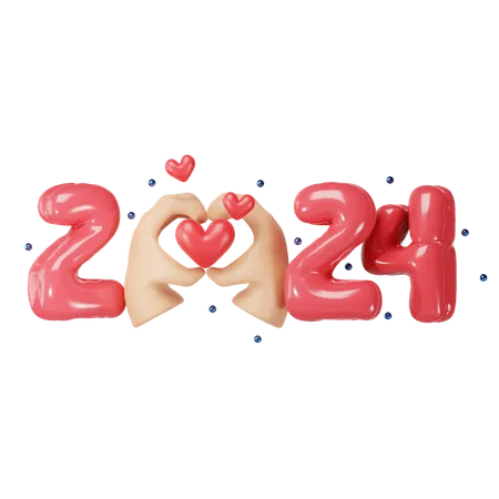 Happy New Year 2024 3 D Rendering Pink Balloons With Hearts 3D Icon