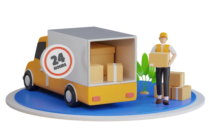 24 Hour Express Delivery Fast Express And Delivery Free Shipping Product Goods 24 Hour Delivery Delivery Truck Van 3 D Illustration 3D Illustration