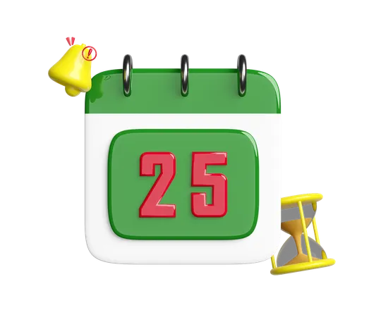 Calendar On December 25th With Warning Bell Notification Hourglass Merry Christmas And Happy New Year 3 D Render Illustration 3D Icon