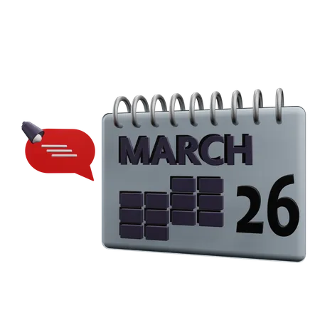 Calendário 26 de março  3D Icon