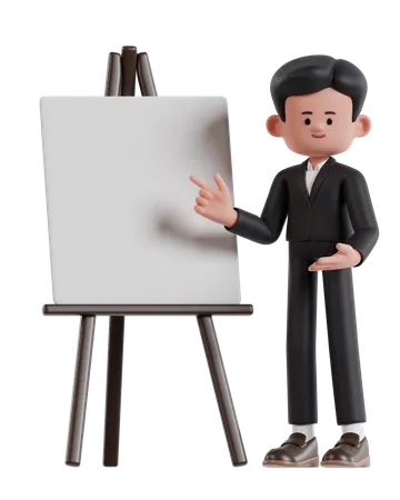 3 D Illustration Of Cartoon Businessman Pointing On A Presentation Board 3D Illustration