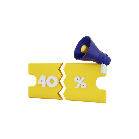 40 Percent discount voucher with megaphone  3D Illustration