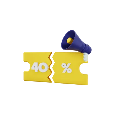 40 Percent discount voucher with megaphone 3D Illustration