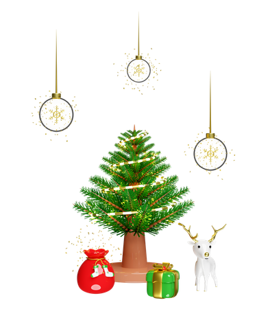 A árvore de natal é decorada com muitos presentes  3D Illustration