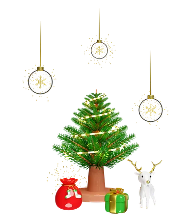 A árvore de natal é decorada com muitos presentes  3D Illustration