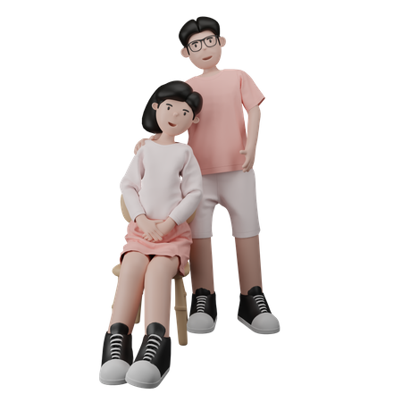 A couple taking a photo together the woman is sitting and the man is standing  3D Icon