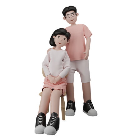 A couple taking a photo together the woman is sitting and the man is standing  3D Illustration