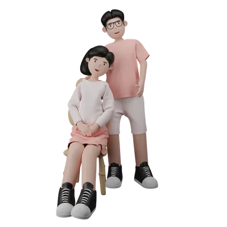 A couple taking a photo together the woman is sitting and the man is standing  3D Illustration