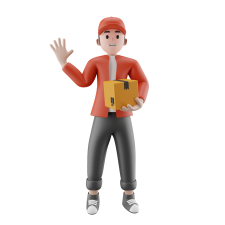 A delivery man holding a cardboard box saying hello  3D Illustration