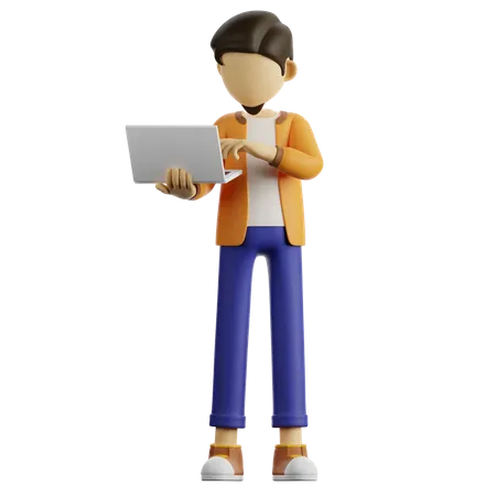 A Man is Standing Using A Laptop  3D Illustration