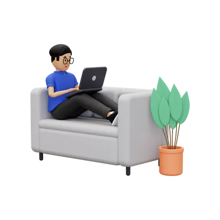 A man is working at home using a laptop 3D Illustration