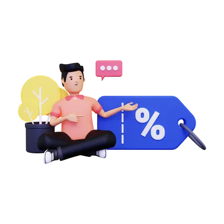 A man showing a discount tag  3D Illustration