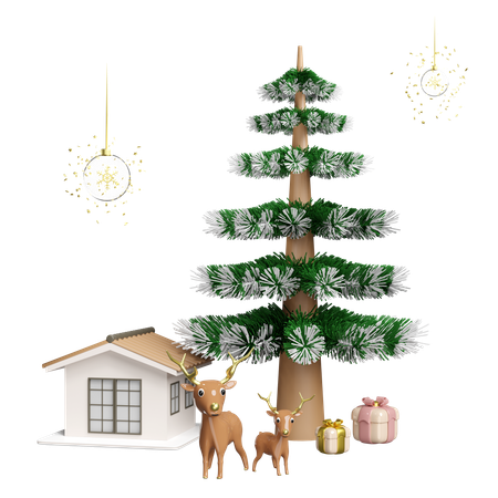 A rena está parada perto da árvore de natal  3D Illustration