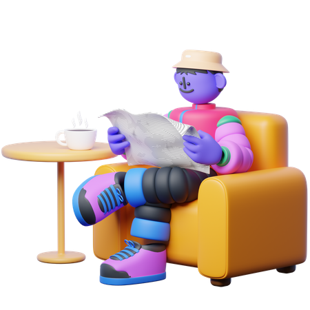 A Sitting With Coffee And A Newspaper  3D Illustration