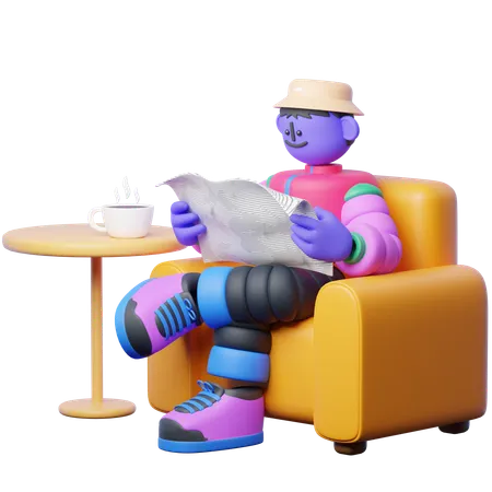 A Sitting With Coffee And A Newspaper  3D Illustration