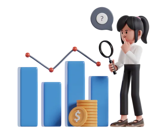 Market Analysis Concept 3 D Illustration A Woman Holding A Magnifying Glass Is Analyzing The Market 3D Illustration
