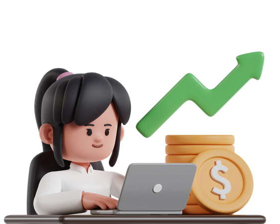 A Woman With A Stack Of Coins Is Investing Via Laptop  3D Illustration