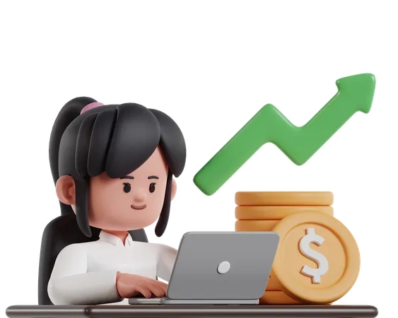 Investment Concept 3 D Illustration A Woman With A Stack Of Coins Is Investing Via Laptop 3D Illustration
