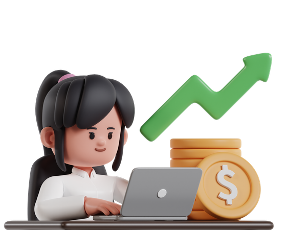 A Woman With A Stack Of Coins Is Investing Via Laptop  3D Icon