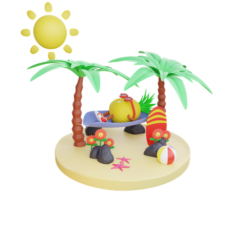 Abacaxi aproveitando as férias de verão na ilha  3D Illustration