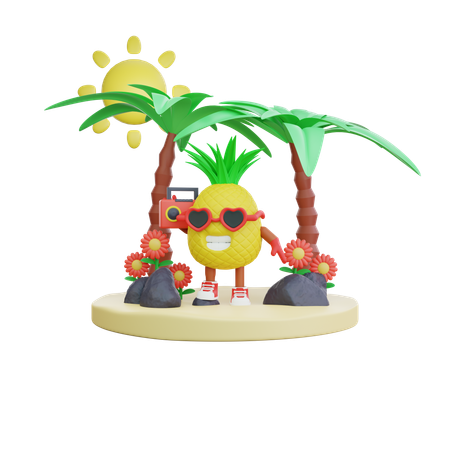 Abacaxi aproveitando as férias de verão na praia  3D Illustration