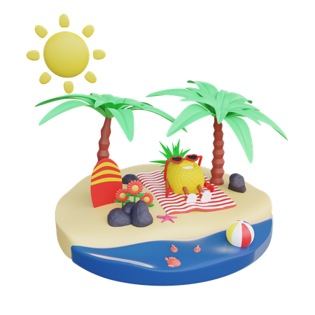 Abacaxi fofo relaxando na praia  3D Icon