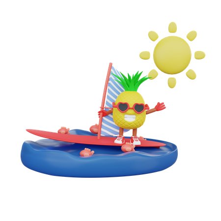 Abacaxi na prancha de surf no mar  3D Illustration