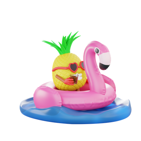 Abacaxi relaxando no anel de flamingo no mar  3D Illustration