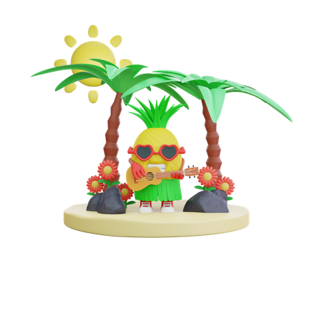 Abacaxi tocando guitarra na praia  3D Icon