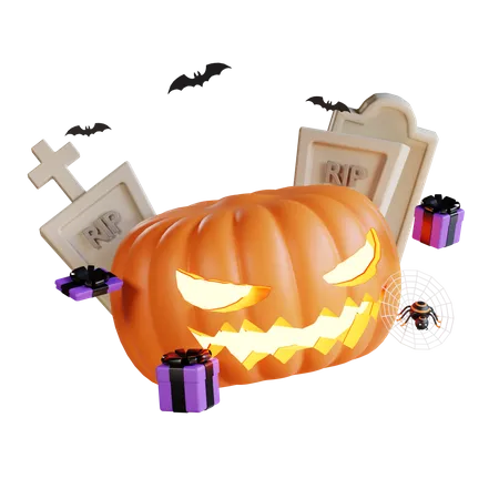 Abóbora de Halloween com cemitério  3D Illustration