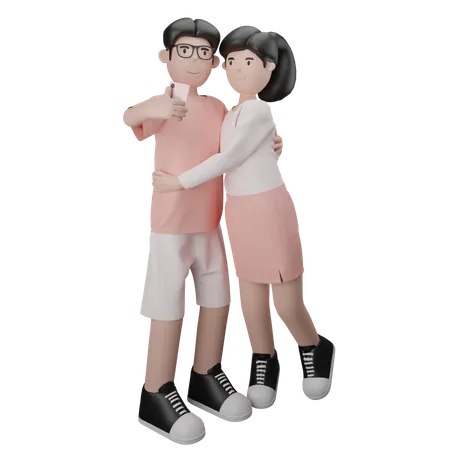 Casal abraçado tirando selfie  3D Illustration