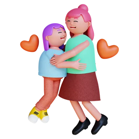 Mãe e filha se abraçando  3D Illustration