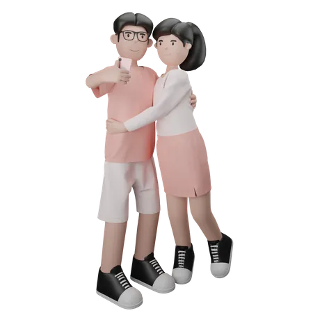 Abrazando a la pareja tomando selfie  3D Illustration
