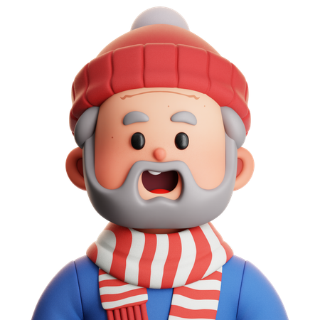 Abuelo con abrigo azul y bufanda de rayas rojas  3D Icon