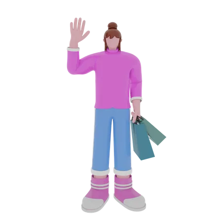 Femme accro au shopping disant bonjour  3D Illustration