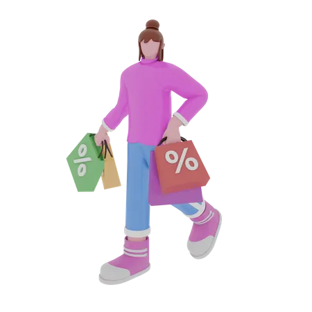 Femme accro au shopping faisant des achats à prix réduits  3D Illustration