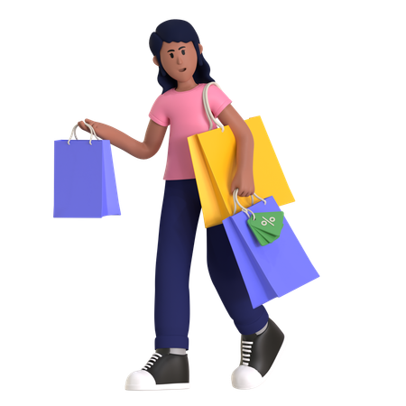 Dame accro au shopping tenant des sacs à provisions  3D Illustration